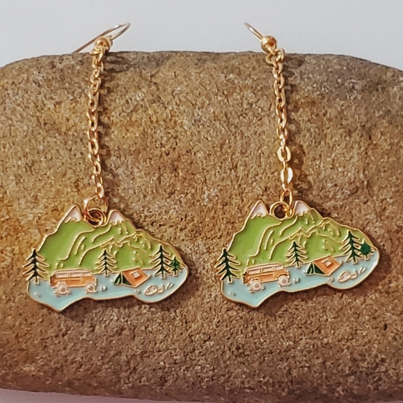 Earrings Camping van life nature handmade mountains Forrest enamel unique - Picture 10 of 11